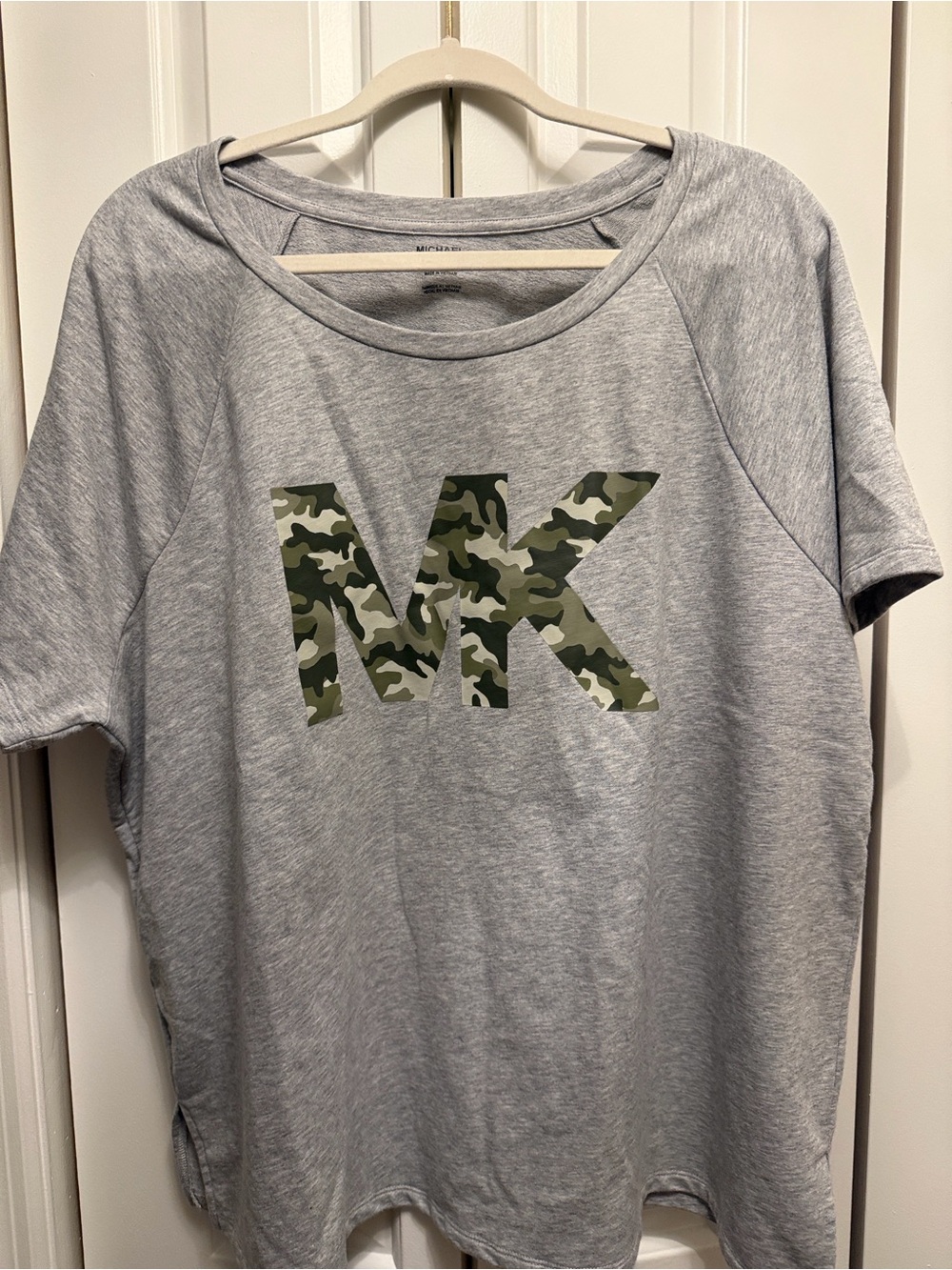 Michael Kors Heather Gray Tee with Green Camo MK Logo